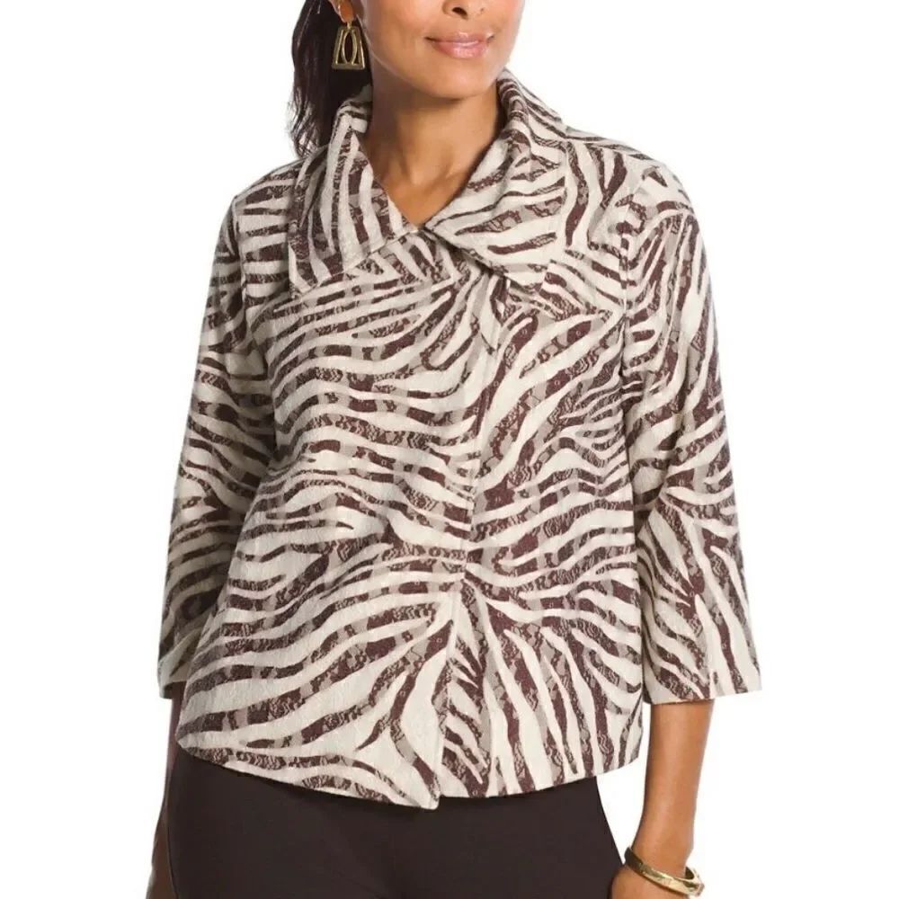 Chico’s Zee Zebra-Print Lace Overlay 3/4 Sleeve Cardigan Jacket Size XL